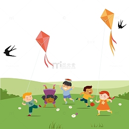 在草地上放风筝的小孩