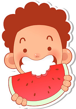 卡通吃西瓜的男孩