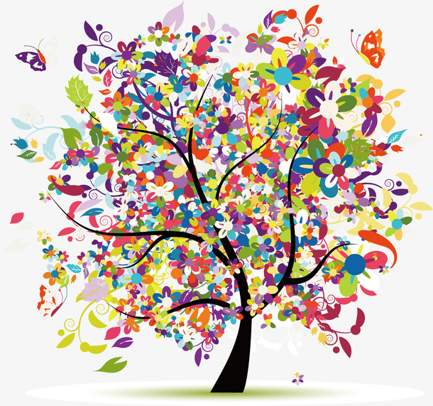 彩色花卉蝴蝶创意树木