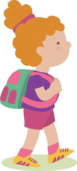 矢量手绘上学路上的黄发小女孩童