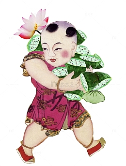 古代画卷小孩摘莲蓬莲花ppng