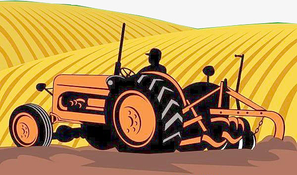 黄色麦地里开着机械车耕作的现代