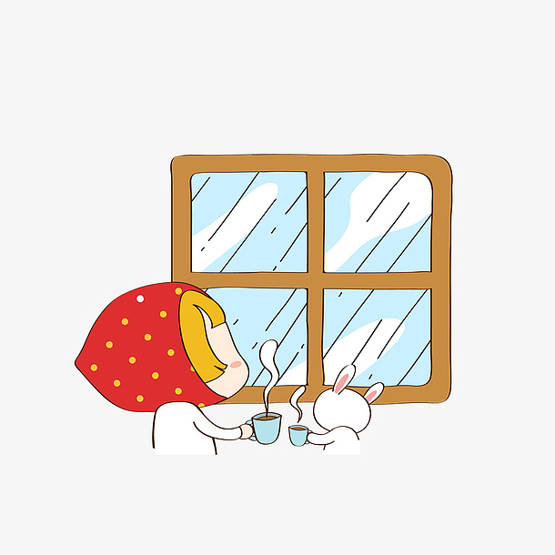 卡通喝着茶看着窗外的女孩和兔子