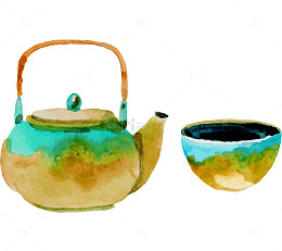 手绘水彩风茶壶茶杯