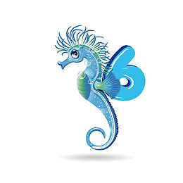 蓝色的海马背着蓝色的数字6免抠