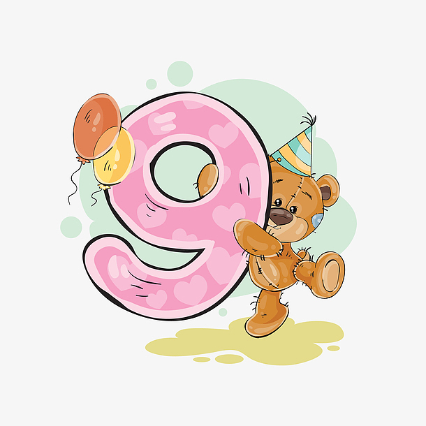 卡通手绘粉色的小熊数字9免抠素