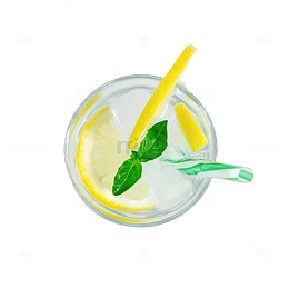 柠檬片加冰的苏打气泡水俯视图