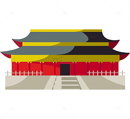 卡通中国古建筑红色房子