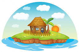 手绘海岛上的茅草小屋
