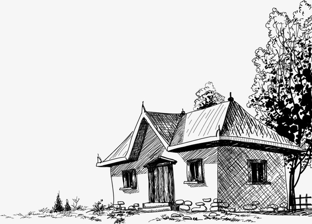 房子与树素描图片