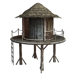 手绘灰色圆台茅草屋