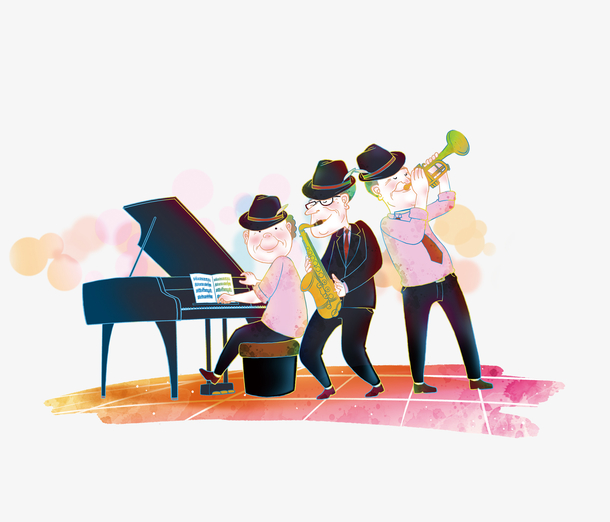 卡通手绘老人音乐团