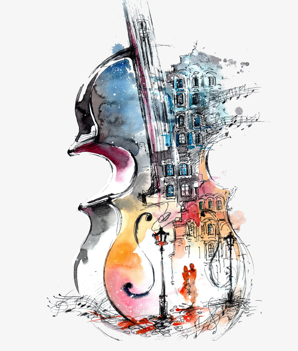 彩绘艺术吉他插画免抠