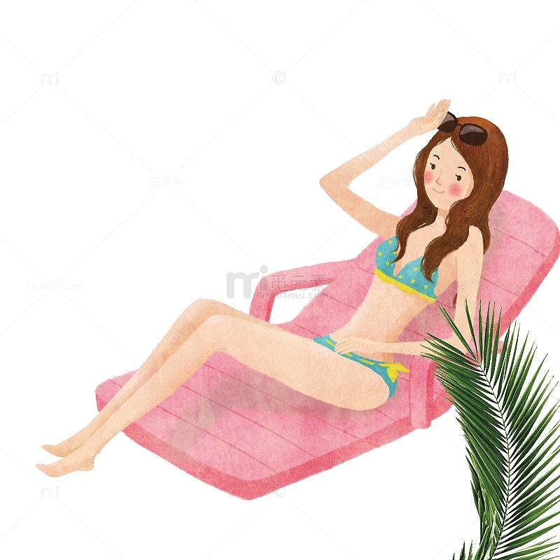 免抠卡通手绘夏日沙滩上休息的女