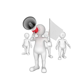 卡通举旗子喇叭喊话的3D小人PNG