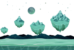 手绘蓝色漂浮山