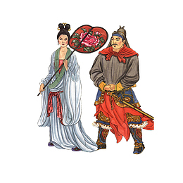 卡通安禄山和手拿蒲扇的侍女素材