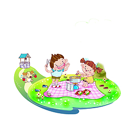 卡通郊游野餐煮面的女孩提水的小