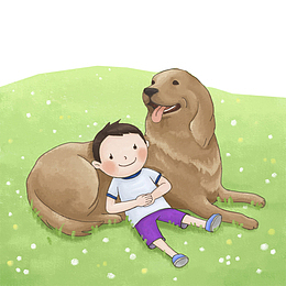 依靠狗狗躺在草地上的男孩