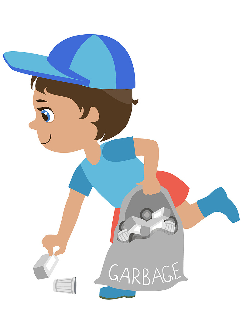卡通小男孩手绘捡垃圾草地劳动节