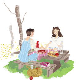 卡通春游野炊的情侣插画