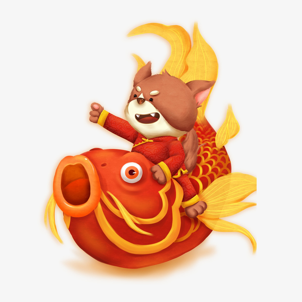 节日红色金鱼上的狗狗插画