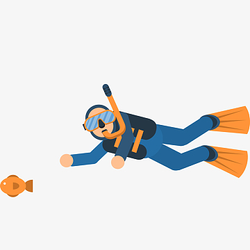 卡通手绘追鱼的潜水员