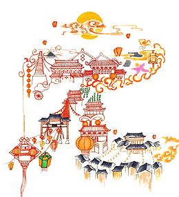 元宵节插画风格海报古风城楼元素