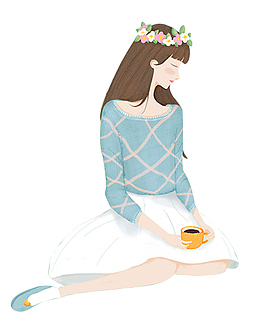 带花环的女孩春游插画