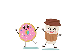 可爱笑脸咖啡和甜甜圈矢量图