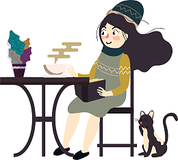 手绘小清新喝咖啡女子插画图案