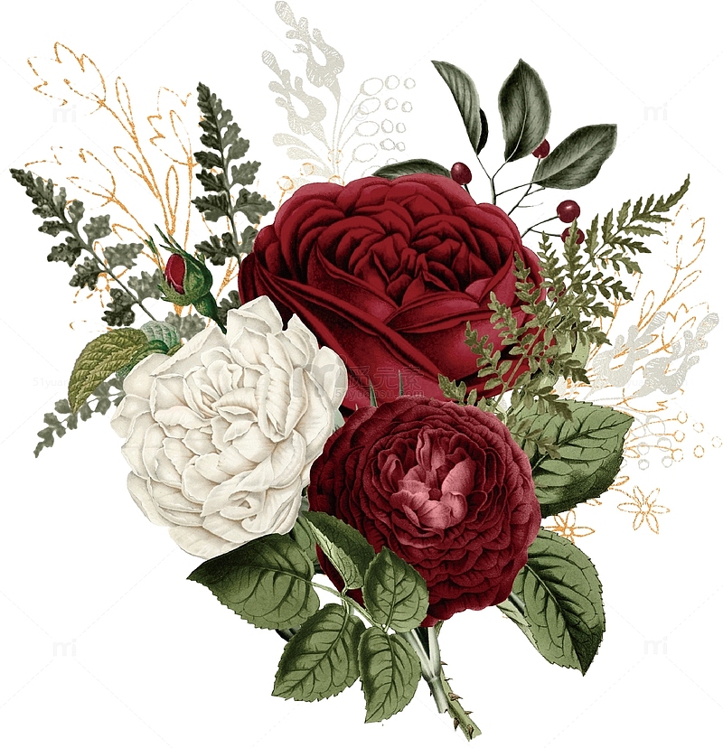 手绘复古红色花卉植物