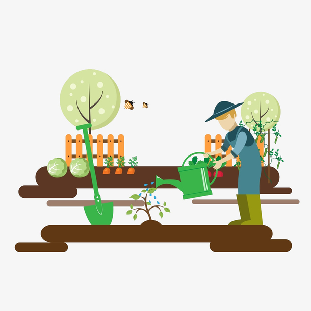 辛勤浇花的园丁手绘PNG