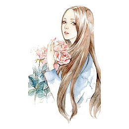 抱着花朵的手绘美女