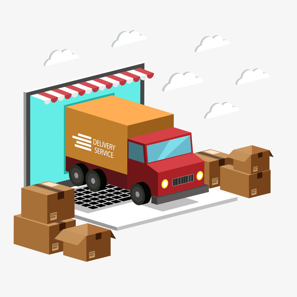 创意立体电脑和运输车矢量