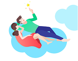 抬头看星空的男女孩