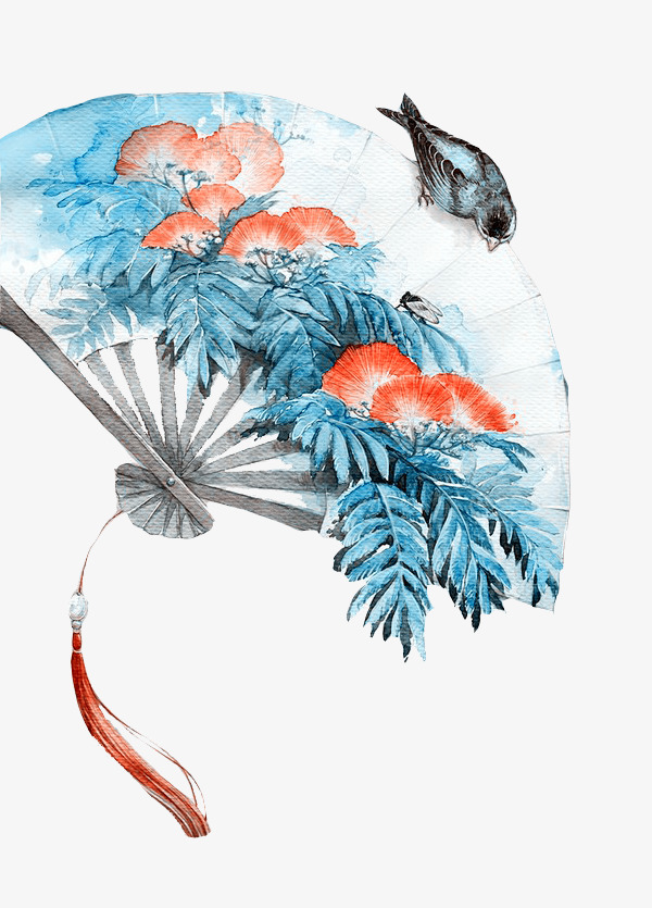 蓝色古风小鸟扇子素材免抠