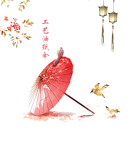红色手绘古韵水墨伞