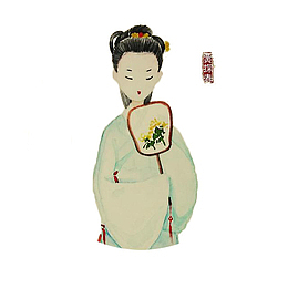 手绘水墨红楼梦贾探春拿扇子插画
