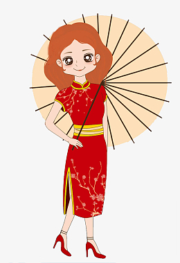 png矢量手绘q版古代妇女pngpng黑红色盘扣png优雅女人旗袍女人古典女