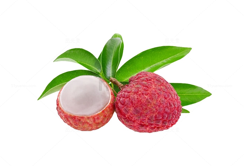 红色剥开带叶子的荔枝实物
