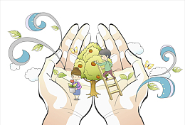 手绘双手捧着植物小孩
