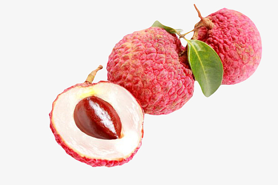 红色新鲜剥开带叶子的荔枝实物