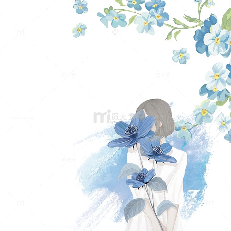 手绘水彩蓝色花卉元素