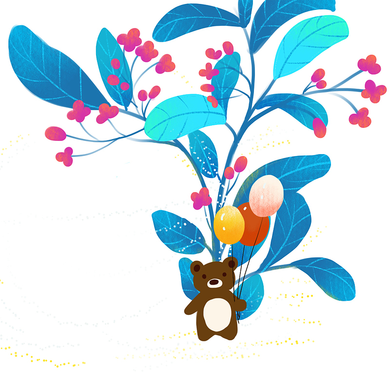 手绘装饰小清新春天植物小熊插画