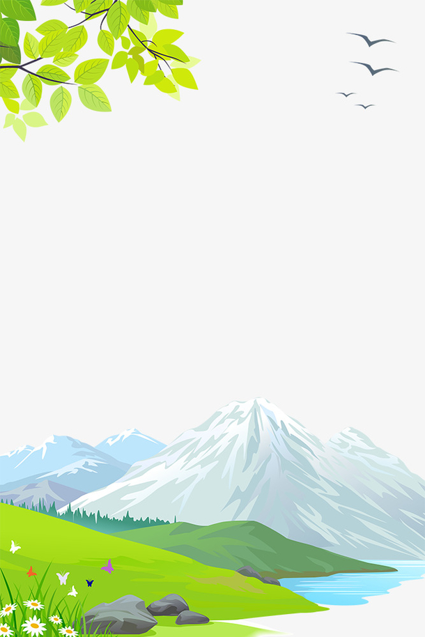 春季山峰与江河装饰边框