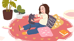 免抠卡通手绘和猫咪玩耍的女孩