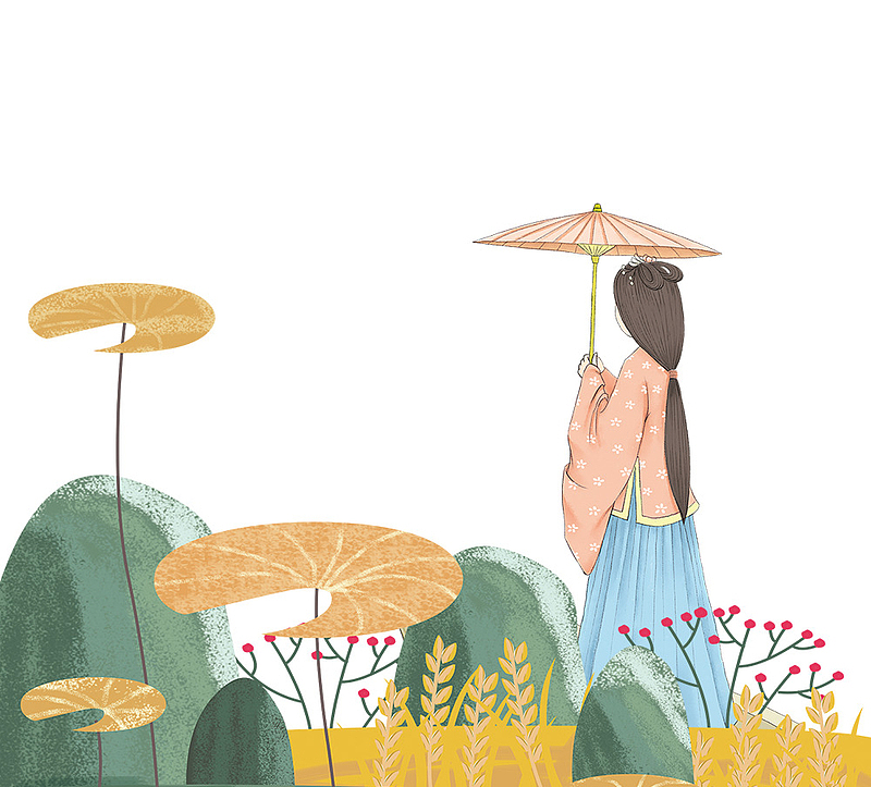 春季手绘江南女子与景色装饰