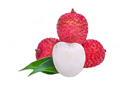 红色剥开带叶子的新鲜荔枝实物