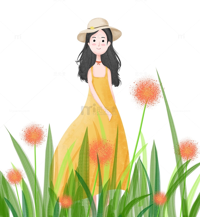 春季花草与卡通女孩装饰